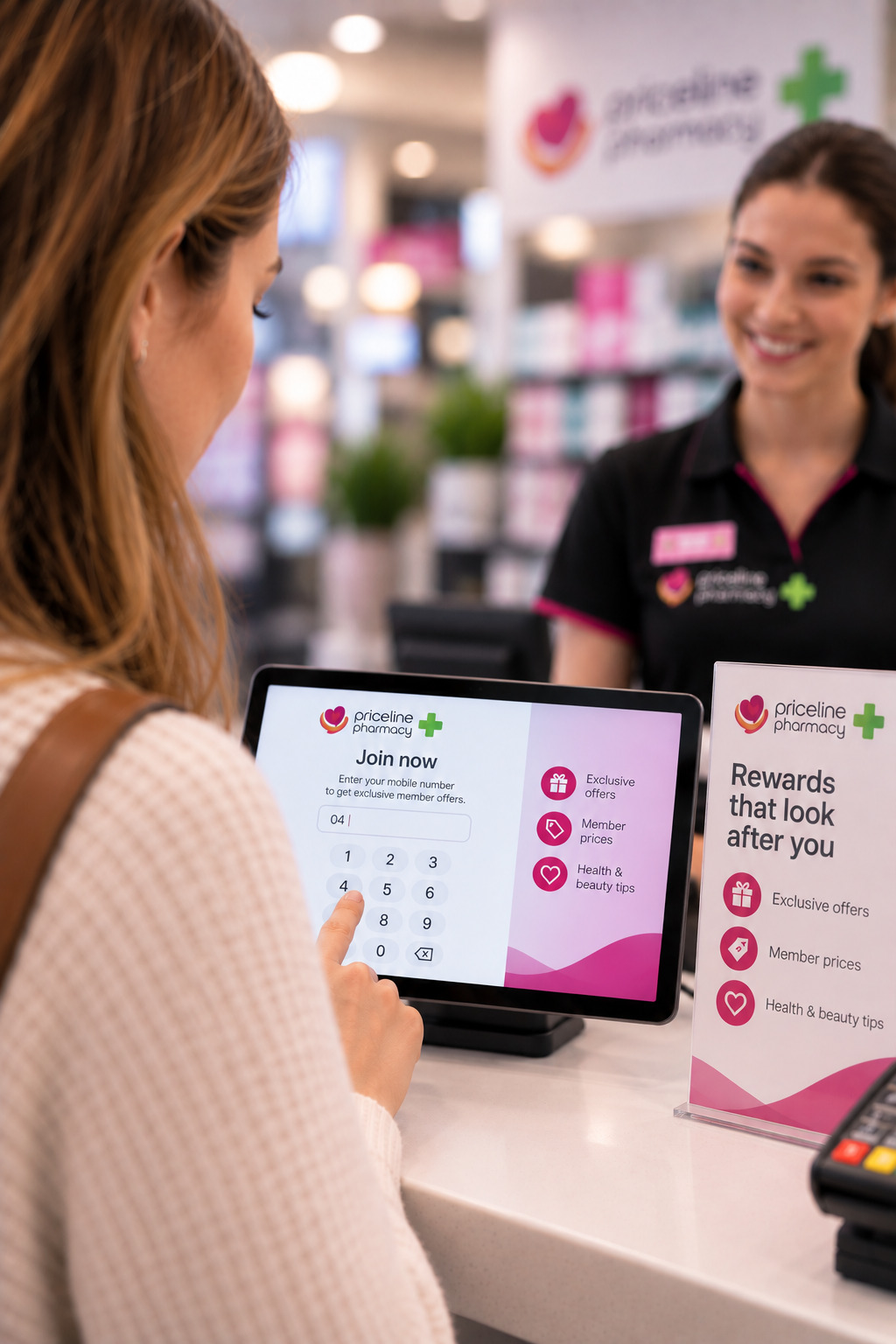 Customer registering for membership on the checkout touchscreen