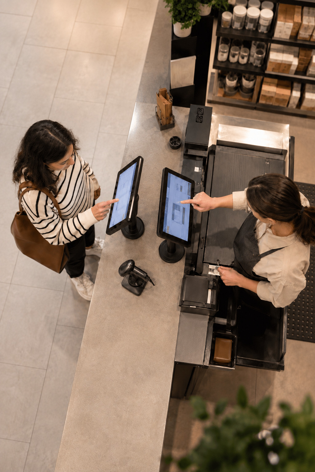 Customer and employee using separate ID24 touchscreens at checkout
